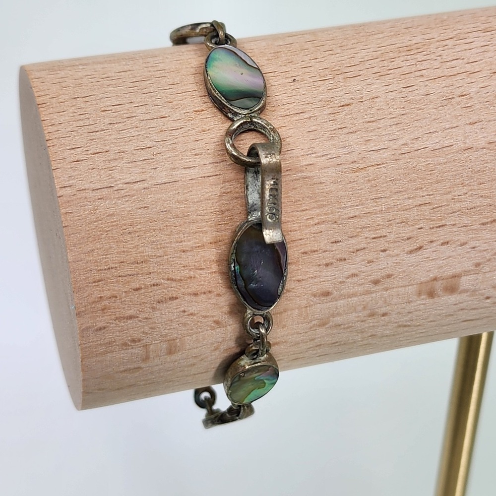 Mexico Abalone Shell Link Bracelet Silver Tone Vintage Boho Ocean Statement